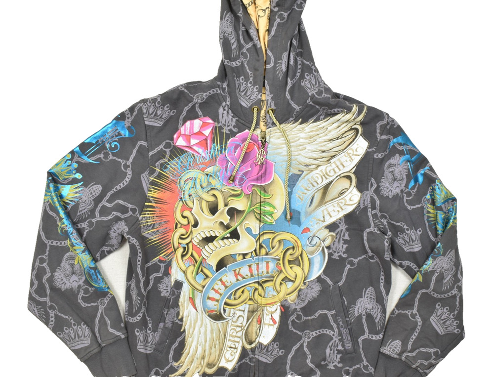 Christian Audigier Men's 2XL Zip Up Hoodie Gray Skull Rose Wings Rhinestone Y2K